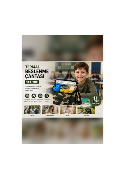 11 Litre Termal Beslenme Çantası Isı Yalıtımlı Sıcak Soğuk Tutucu Termos Yemek Taşıma Okul Piknik Kamp Çantası-kamuflaj .