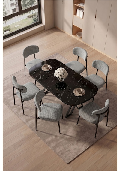 Robii 90x168 Siyah Mermer Mdf Masa, Metal X Ayak, Metal Polo Sandalye, 6 Kişilik Mutfak Masası Takımı Ve Yemek Masası Takımı Gri Robii 90x168 Siyah Mermer Mdf Masa, Metal X Ayak, Metal Polo Sandalye, 6 Kişilik Mutfak Masası Takımı Ve Yemek Masası Takımı Gri