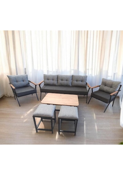 Pilocca Bahçe Balkon Mobilyası Antrasit Gri 3+1+1 Sehpalı 2 Puf Antrasit - Gri