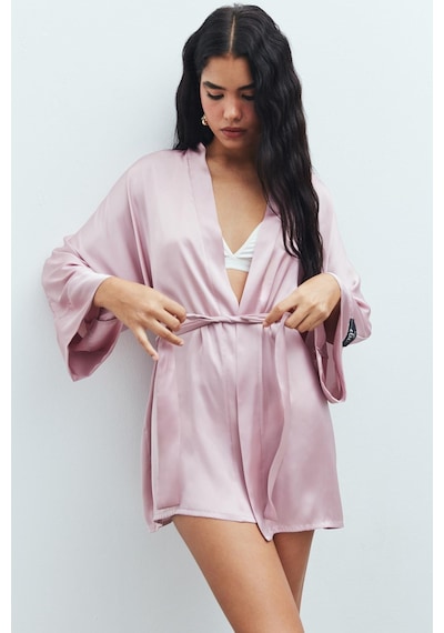 Fumée Gül Kurusu Kısa Saten Sabahlık / Kimono Pembe