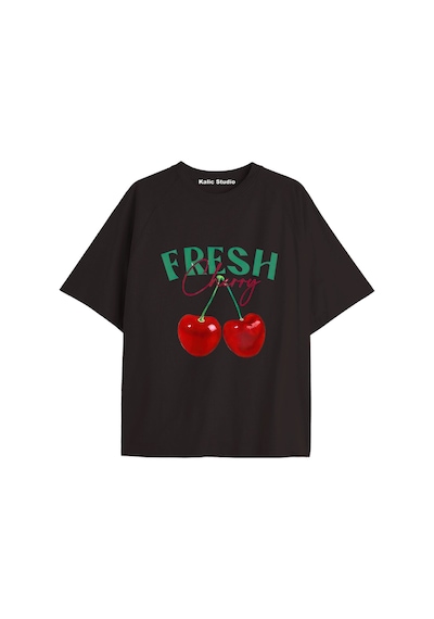 Kalic Studio Y2k Vintage Cherry Baskılı Siyah T-shirt Kod 83 Siyah-83
