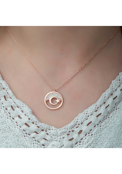 925 Ayar Gümüş Rose Altın Kaplama Kaplama Kaplama Ay Yıldız Bayan Kolye Rose Gold