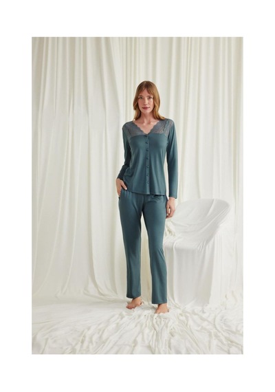 Mulvxbrf Brf02 Yakası Omzu Ve Paçası Dantelli Boydan Düğmeli Pijama Takımı Mulvix Renkli