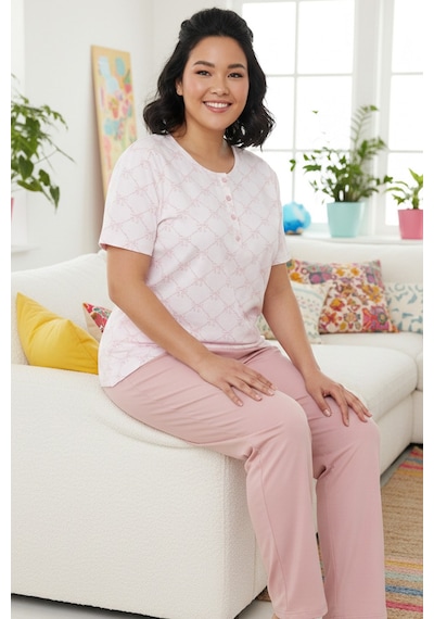 Siyah İnci Desenli Pamuklu Büyük Beden Battal Boy Örme Pijama Takım 26113885 Pembe