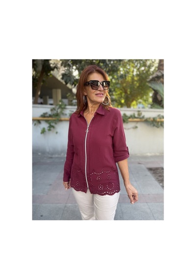 Denizege Eteği Güpür Fermuarlı Ceket Bordo Bordo