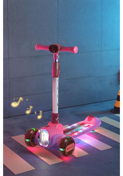 Işıklı Ve Müzikli Çocuk Scooterı4 Kademeli Ayarlanabilir Gidon Yüksekllikli Özel Tasarımlı Scooter Pembe