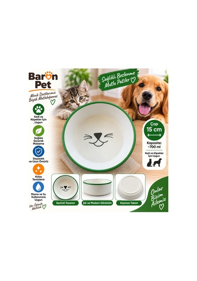 Pet Kedi Köpek Seramik Mama Ve Su Kabı 15 Cm 700 Ml Kaymaz Tabanlı Sevimli Desenli - Yeşil