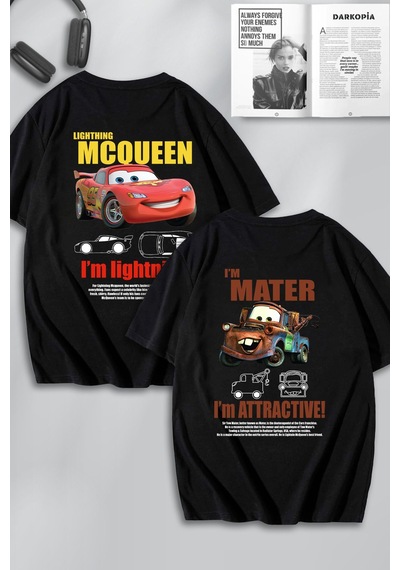 Unisex Cars Şimşek Mcqueen Ve Mater Sırt Baskılı Arkadaş Çift Kombini Tasarım Oversize T-shirt 2li Siyah Mck0528 Siyah