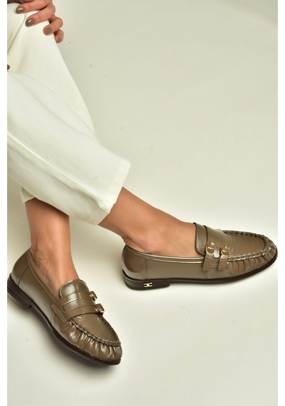 Fox Shoes Z820024208 Vizon Rugan Büzgü Detaylı Çift Tokalı Loafer Ayakkabı