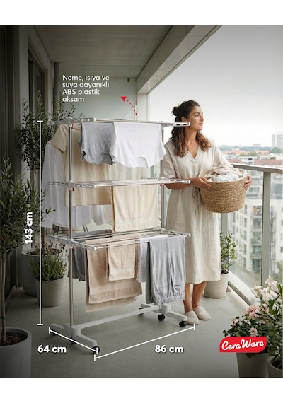 Home Lite Premium 3 Katlı Çamaşırlık Made in Korea Tekerlekli Çamaşır Kurutmalık Eco Gri