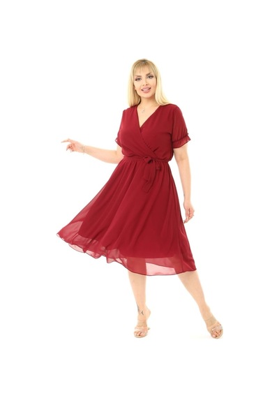 Kısa Kol Büyük Beden Şifon Bordo Elbise 13E-2066 Bordo