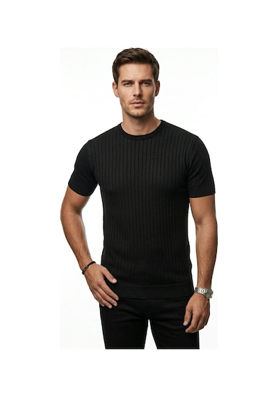Plus Scorpion Erkek Slim Fit Triko Tişört Bisiklet Yaka Çizgili Modern Şık Tasarım Siyah