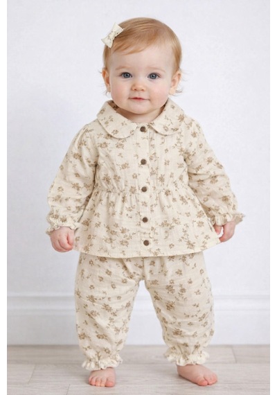 Babyhola Çiçek Desenli Müslin Kız Bebek Bayramlık Takım İkili Set 2013 Bej