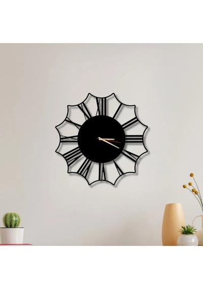 Metal Duvar Saati Çiçek Görünümlü Dekoratif Saat Siyah-46 X 46
