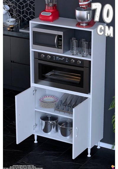 Duru 70 Cm Çift Kapaklı Mutfak Kiler Dolabı Raflı Mikrodalga Fırın Standı Banyo Dolabı 70x150x32 Cm Beyaz