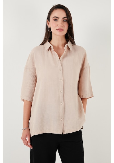 Lela Pamuklu Regular Fit Yırtmaçlı Kısa Kollu Bayan Gömlek Cf25S166965 Taş