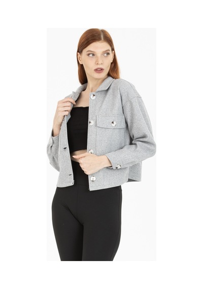 Pera Moda Çift Cepli Crop Ceket Gri