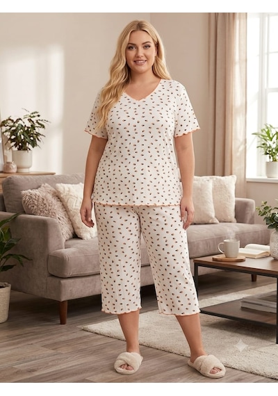 Büyük Beden Kısa Kol Pamuklu Ultrasoft Likralı Kapri Pijama Takımı 8652 Nar Çiçeği