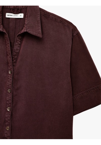 Koton Yıkamalı Yarım Kollu Klasik Yaka Düğmeli Oversize Denim Gömlek Bordo 7wal60001mw