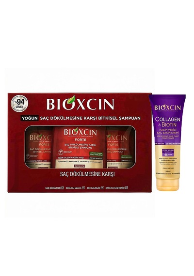 Yoğun Dökülme Karşıtı Bitkisel Forte Şampuan Seti 3 X 300 Ml + Hacim Verici Kolajen & Biotin Saç Kremi Dökülen