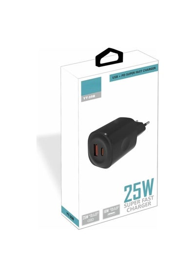 Yetty 25w Usb-c Pd +18w Usb-a Qc Süper Hızlı Şarj Adaptörü Tek Başlık Siyah Yt-25b Yerli Üretim