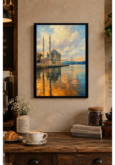 Cami Ve Su Yansıması Desenli Dekoratif Mdf Tablo, Çerçeve Görünümlü Ahşap Poster