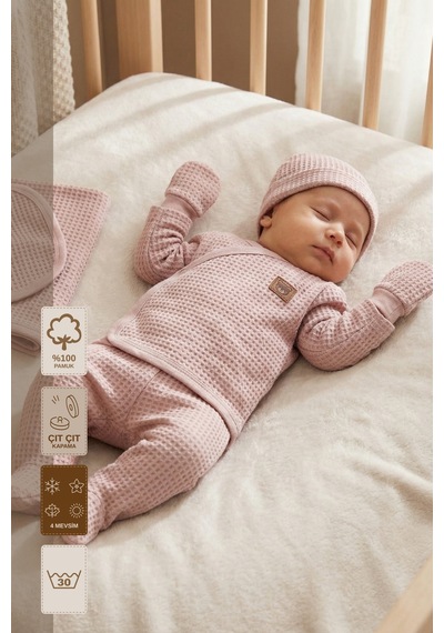 Minory Baby - %100 Pamuk 7'li Hastane Çıkışı Seti Yenidoğan 7'li Set Waffle Kumaş Pembe Pembe