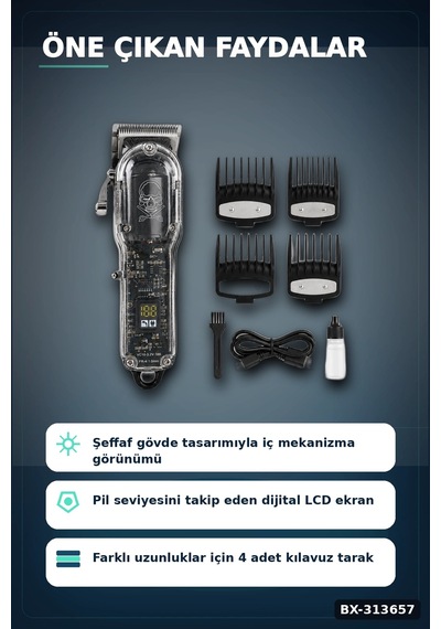 Şeffaf Gövdeli Saç Kesme Makinesi 4 Taraklı Ayarlanabilir Bıçak Lcd Ekranlı Şarjlı Bx-313657