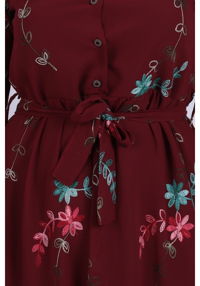 Armonika Kadın Bordo V Yaka Kemerli Astarlı Şifon Midi Boy Elbise Arm-26k001042