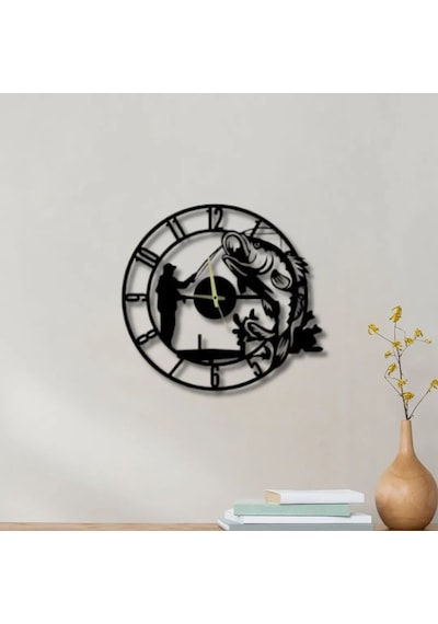 Metal Duvar Saati Gone Fishing Vinil Balıkçı Detaylı Dekoratif Saat Siyah-52 X 52