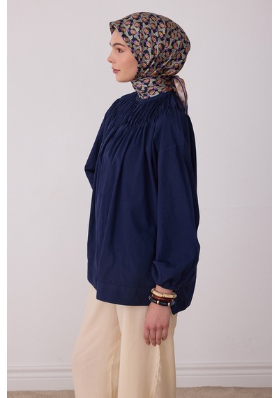 Belli Geometrik Desen %100 Twill İpek Eşarp Be03 Lacivert-Mor