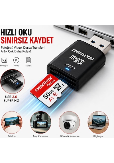 50gb Hafıza Kartı Ev Araç Güvenlik Kamerası Uyumlu Telefon Tablet Micro Sd Class10