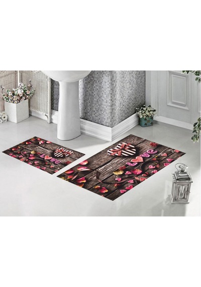 Banyo Halısı Love Desenli 2 Li Banyo Paspası Seti 60x100 + 40x60 Cm Kaymaz Taban Yıkanabilir Pembe Siyah