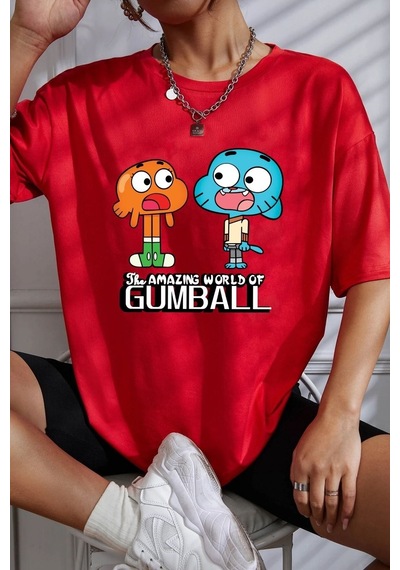 Unisex Gumball Baskılı Kısa Kol T-shirt Kırmızı