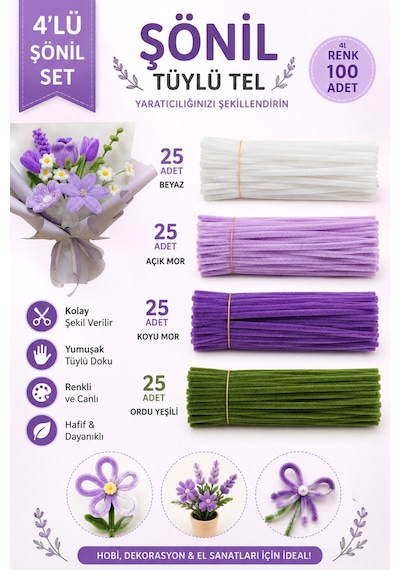 100'lü Şönil Set 25 Adet Beyaz,25 Adet Açık Mor,25 Adet Koyu Mor,25 Adet Ordu Yeşili Şönil Tüylü Tel