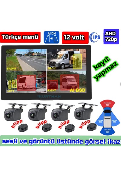 Kayıtsız 7 İnç Ekran Araç Ve Yaya Tanımalı Sesli İkazlı 4 Kamera