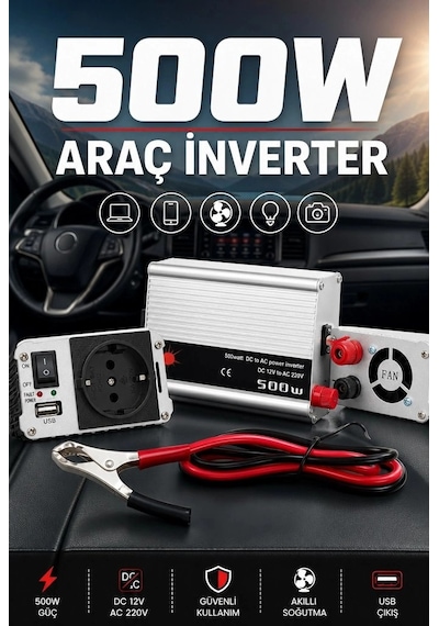 500w 12v Dc 220v Ac İnverter Usb Çıkışlı Fanlı Akü Güç Dönüştürücü Araç Kullanımı