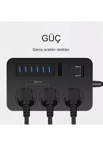 3000w 3 Ac Çıkışları Ve 6 Usb Şarj Portu Akım Korumalı Grup Priz