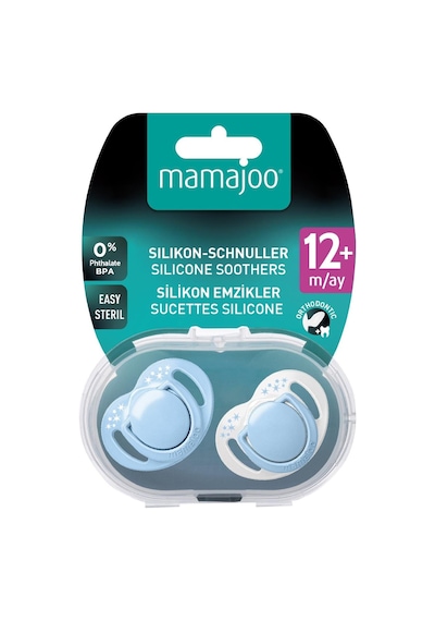 Mamajoo Ortodontik Emzik Seti 12 Ay+ Powder Blue | İkili, Silikon, Damaklı | Sterilizasyon & Saklama Kabı