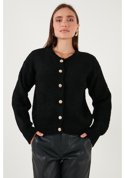 Lela Premium Regular Fit Bisiklet Yaka Yumuşak Dokulu Bayan Hırka 680Hi00147 Siyah