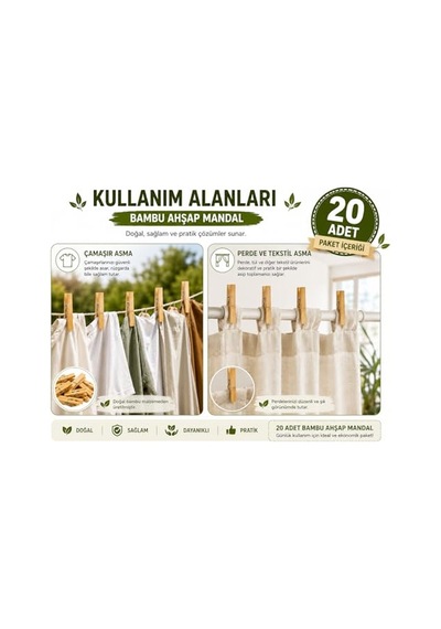 20 Adet Bambu Ahşap Mandal Doğal Çamaşır Mandalı Bpa İçermez Çok Amaçlı Dekoratif Hobi Ve Paketleme Kullanımı 40 x 19