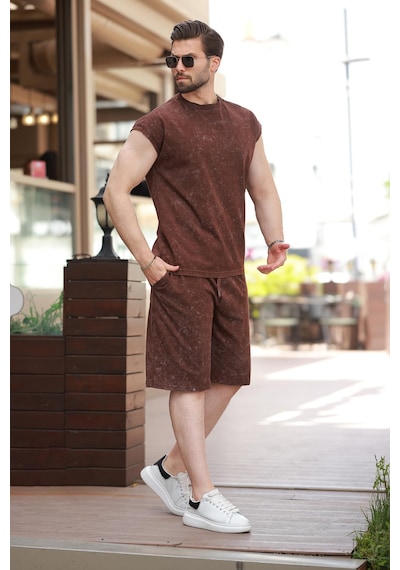 Madmext Acı Kahve Basic Erkek Yırtık Detaylı Şort T-shirt Takım E7319 Acı Kahverengi