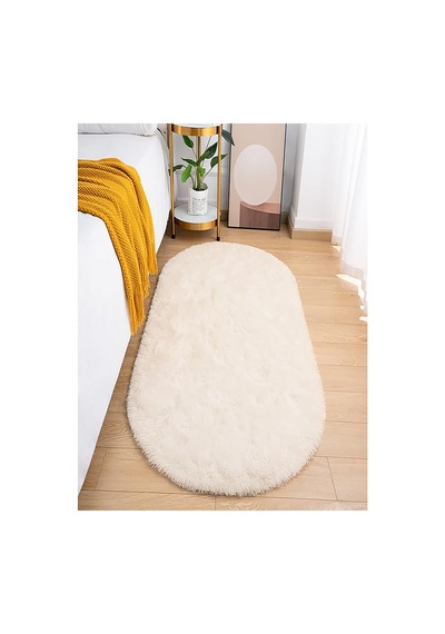 Krem Oval Post Halı Kesme Yolluk Peluş Yumuşak Kaymaz Dot Taban