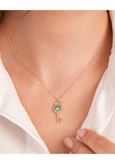 Debora Jewelry 14 Ayar Altın Çiçekli Mineli Kilit Kolye