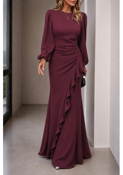 Defymoda Kadın Uzun Kollu Bisiklet Yakalı Önden Fırfırlı Uzun Janjan Krep Elbise Bordo