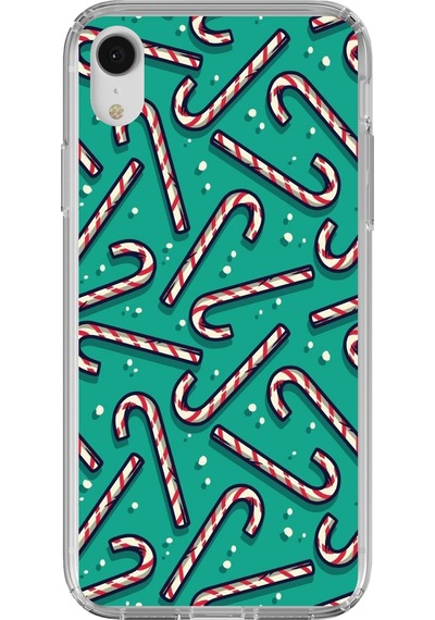 Apple Uyumlu iPhone Xr  Yılbaşı Ruhu Baston Şeker Ve Kar Taneli Baskılı Silikon Kılıf Renkli