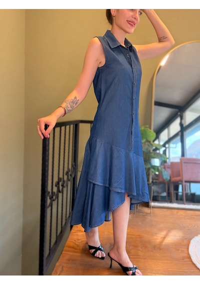 Ali Butik Koyu Mavi Düğmeli Elbise