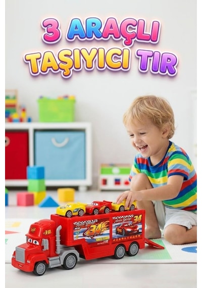 Şimşek Mcqueen 3 Adet Yarış Arabası Taşıyıcı Tır Yan Panelleri Açılır Rampalı Oyun Seti