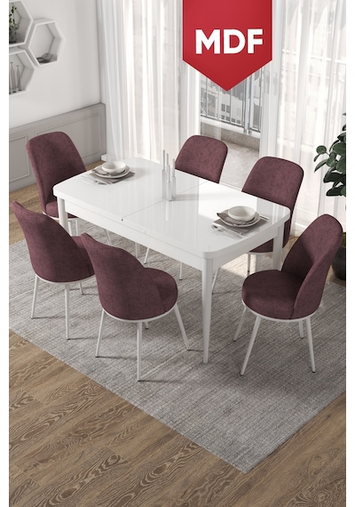 Canisa Concept Kor Serisi 70x114 Açılabilir Beyaz Mutfak Masası Takımı-6 Adet Gülkurusu Sandalye Masalar Beyaz Sandalyeler Gülkurusu