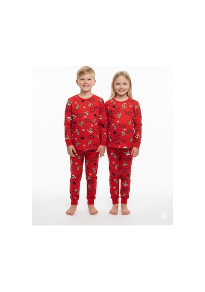 Kırmızı Renkli Baskılı Unisex Pijama Takımı %100 Pamuk Kırmızı